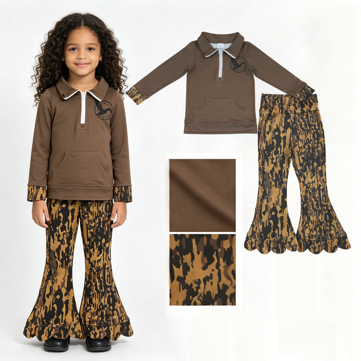 Baby Girls Ducks Pocket Zip Pullovers Scallop Pants Hunting Clothes Sets