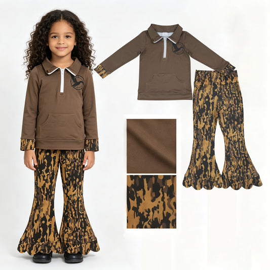 Baby Girls Ducks Pocket Zip Pullovers Scallop Pants Hunting Clothes Sets