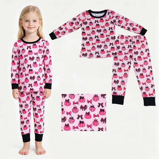 Baby Girls Pink Bows Pumpkins Top Pant Fall Pajamas Sets