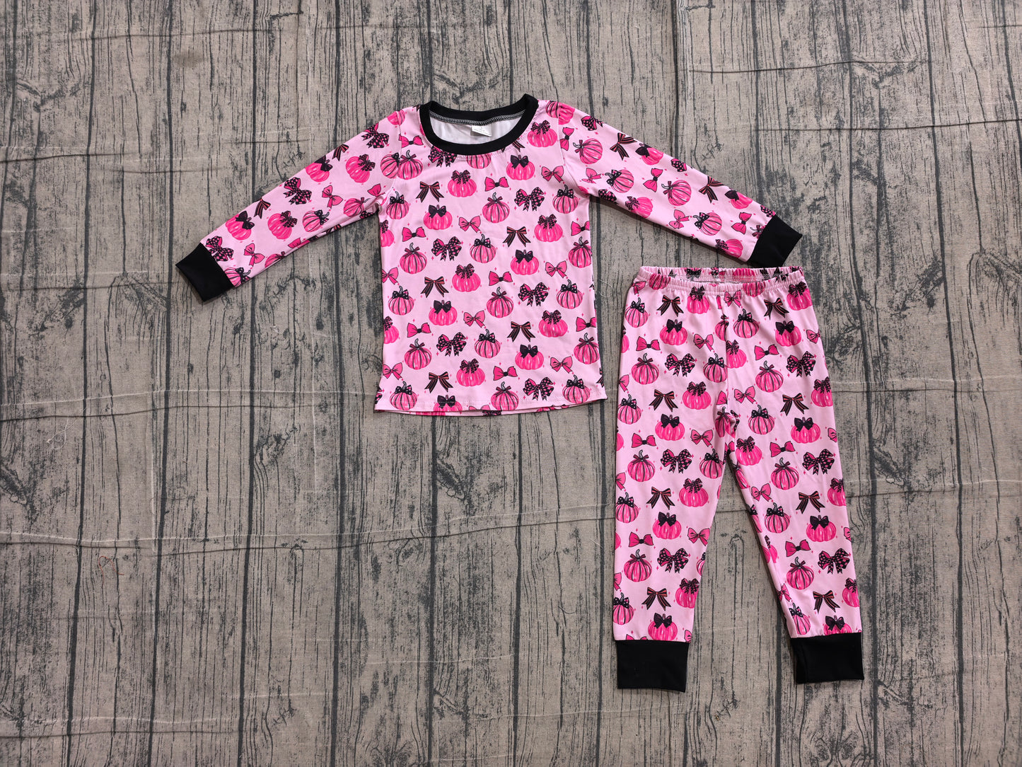 Baby Girls Pink Bows Pumpkins Top Pant Fall Pajamas Sets Preorder