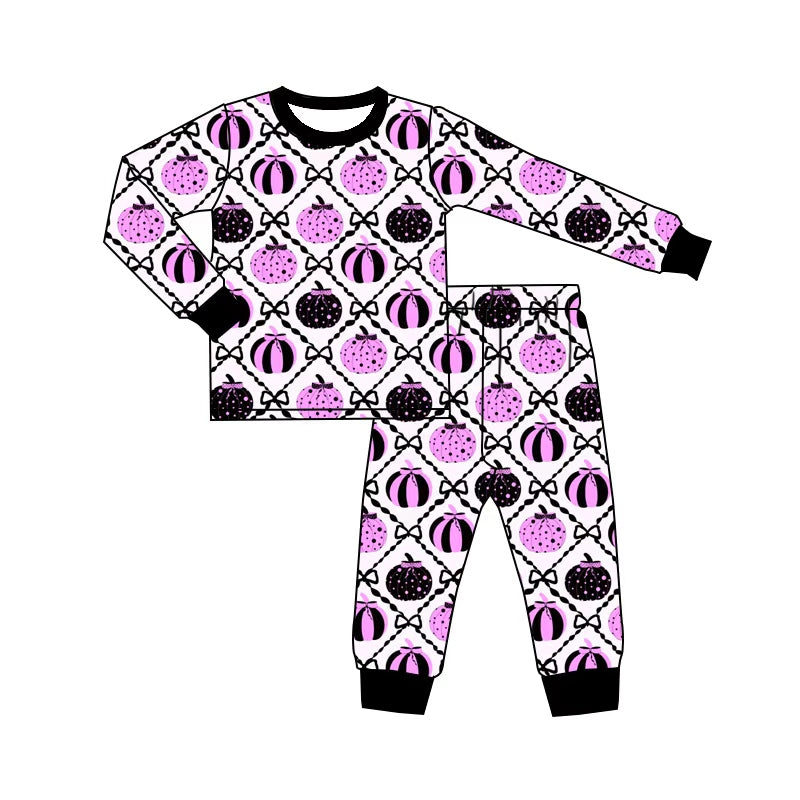 Baby Girls Bows Pumpkins Checked Top Pant Fall Pajamas Sets Preorder