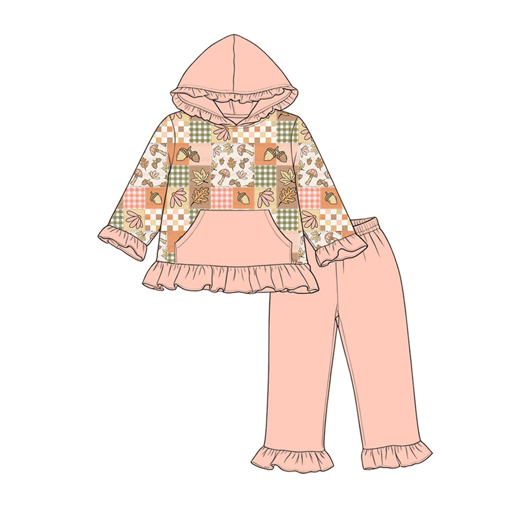 Baby Girls Mushroom Leaves Checked Pocket Hoodies Ruffle Pant Fall Cloths Sets Preorder