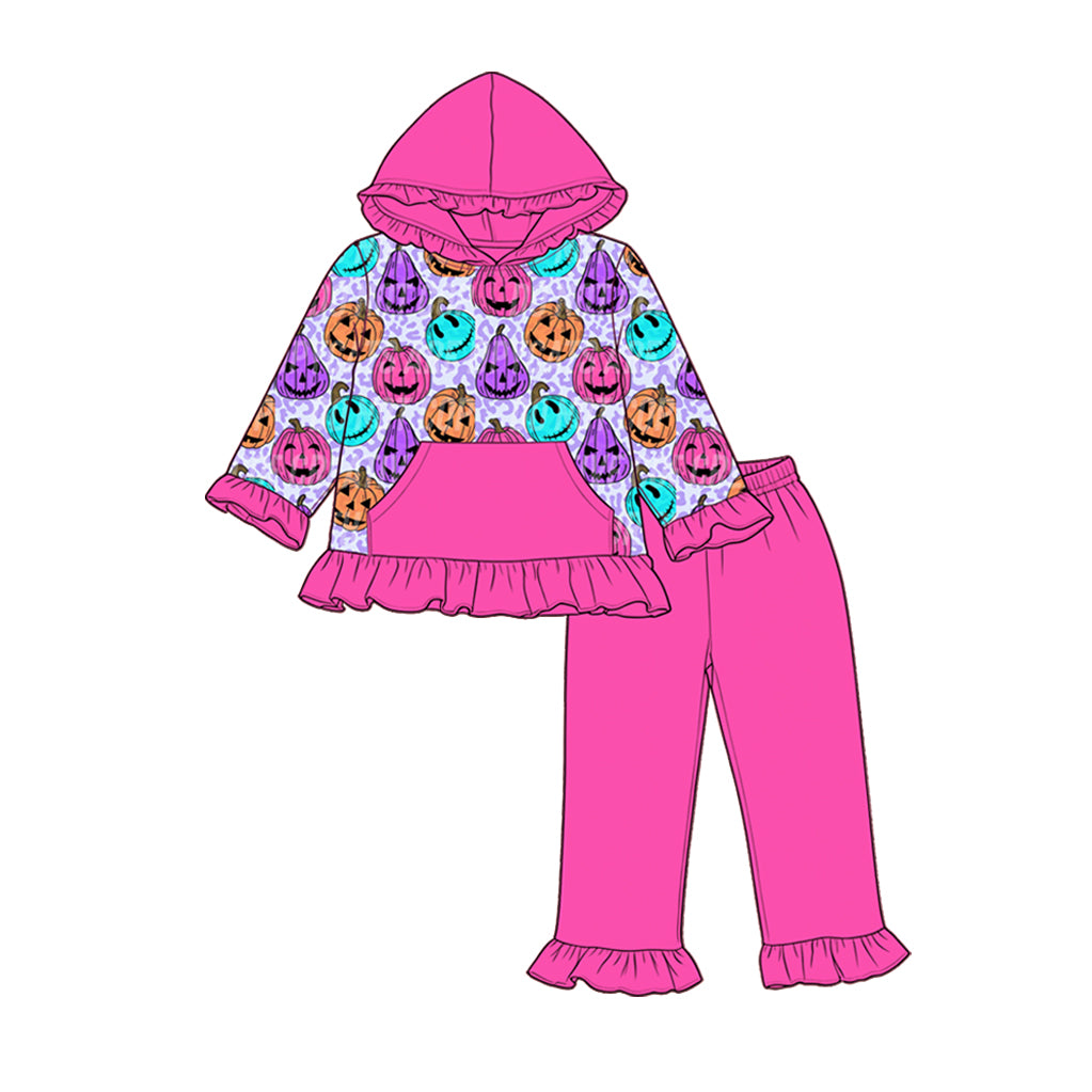 Baby Girls Halloween Ghost Pumpkins Pocket Hoodies Ruffle Pant Cloths Sets Preorder