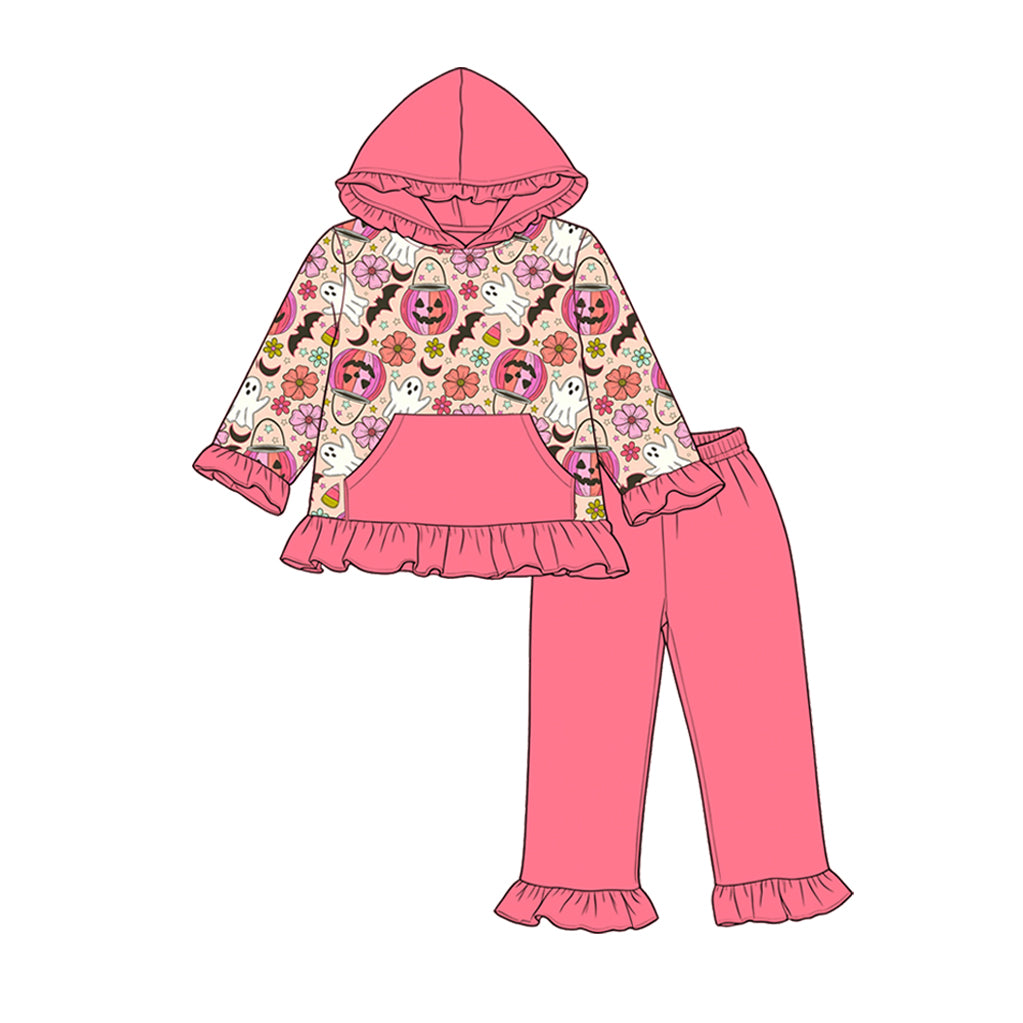 Baby Girls Halloween Ghost Pumpkins Pocket Hoodies Ruffle Pant Cloths Sets Preorder