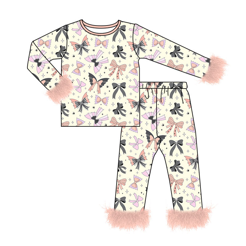 Baby Girls Colorful Bows Spiders Fur Sleeves Top Pants Halloween Pajamas Sets Preorder