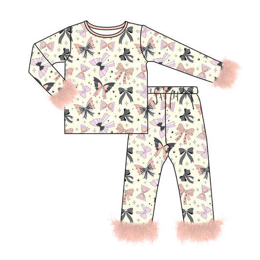 Baby Girls Colorful Bows Spiders Fur Sleeves Top Pants Halloween Pajamas Sets Preorder
