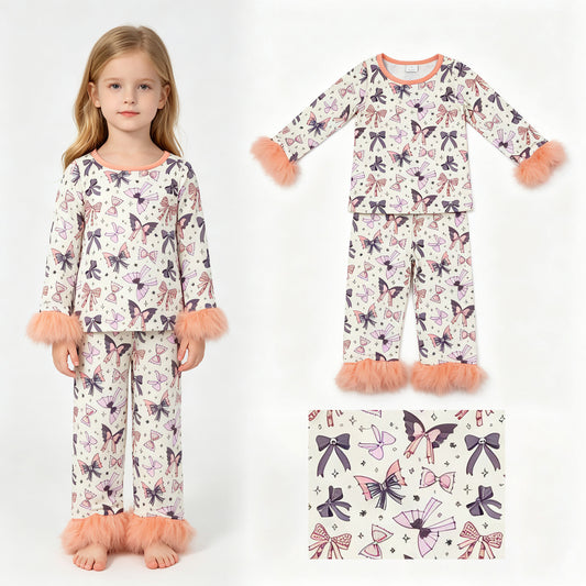 Baby Girls Bows Spiders Fur Sleeves Top Pants Halloween Pajamas Sets