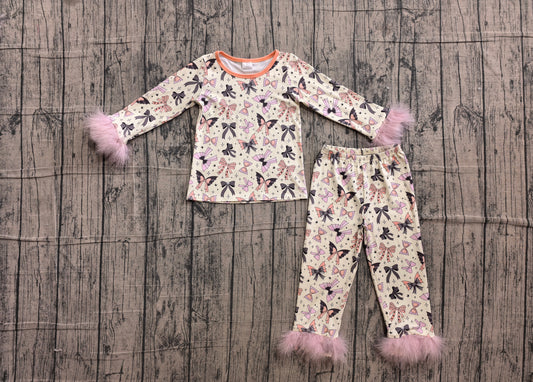 Baby Girls Colorful Bows Spiders Fur Sleeves Top Pants Halloween Pajamas Sets Preorder