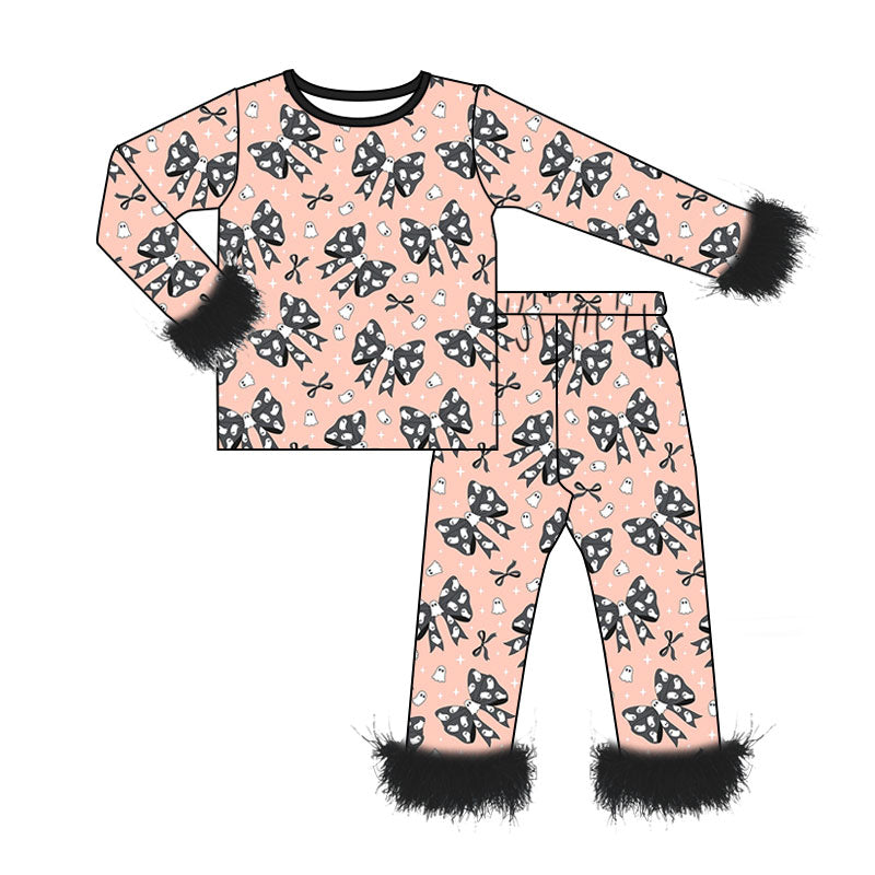 Baby Girls Colorful Bows Ghosts Fur Sleeves Top Pants Halloween Pajamas Sets Preorder