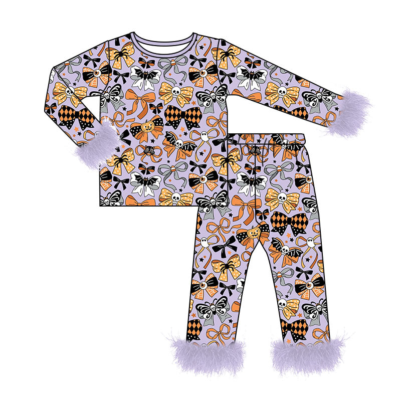 Baby Girls Ghosts Pumpkins Bows Fur Sleeves Top Pants Halloween Pajamas Sets Preorder