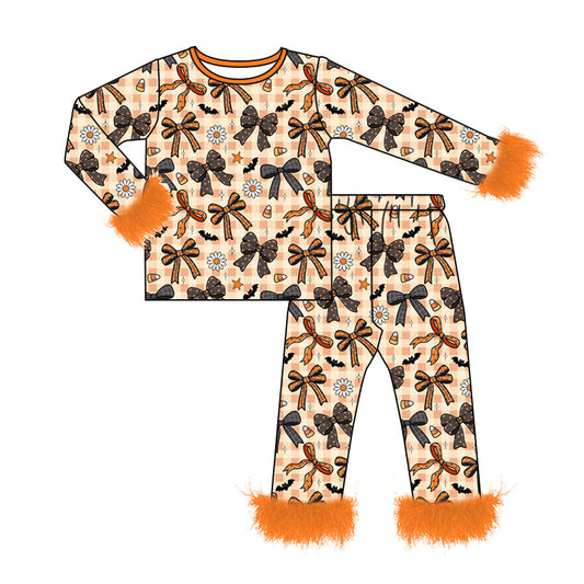 Baby Girls Bows Bats Checked Fur Sleeves Top Pants Halloween Pajamas Sets Preorder