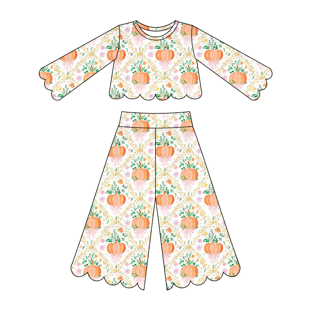 Baby Girls Bows Pumpkins Checked Top Flare Pants Scallop Fall Clothes Sets Preorder