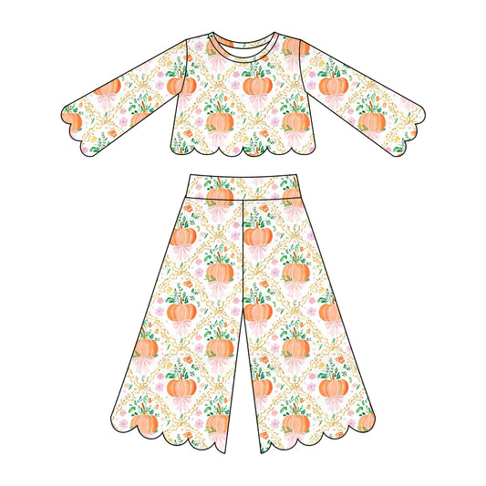 Baby Girls Bows Pumpkins Checked Top Flare Pants Scallop Fall Clothes Sets Preorder