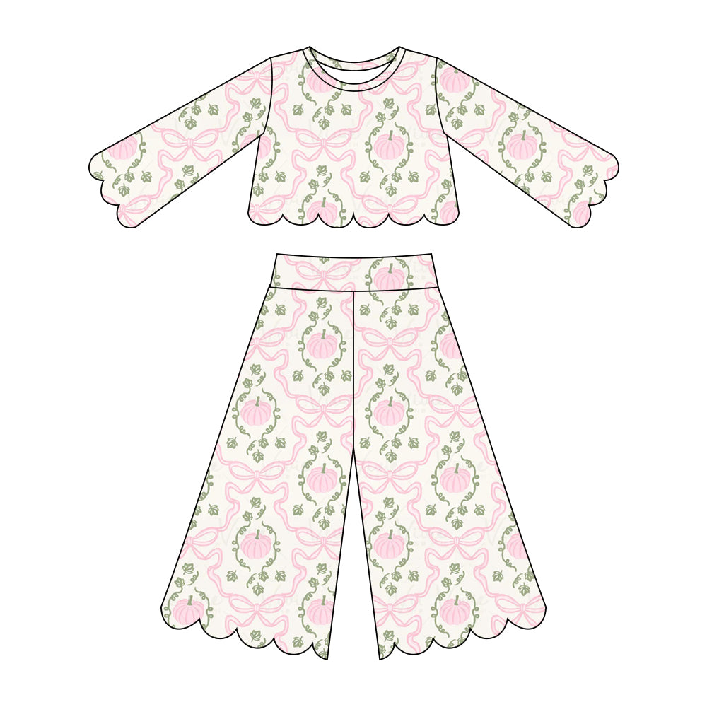Baby Girls Pink Bows Pumpkins Checked Top Flare Pants Scallop Fall Clothes Sets Preorder
