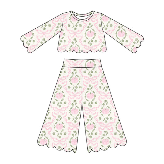Baby Girls Pink Bows Pumpkins Checked Top Flare Pants Scallop Fall Clothes Sets Preorder