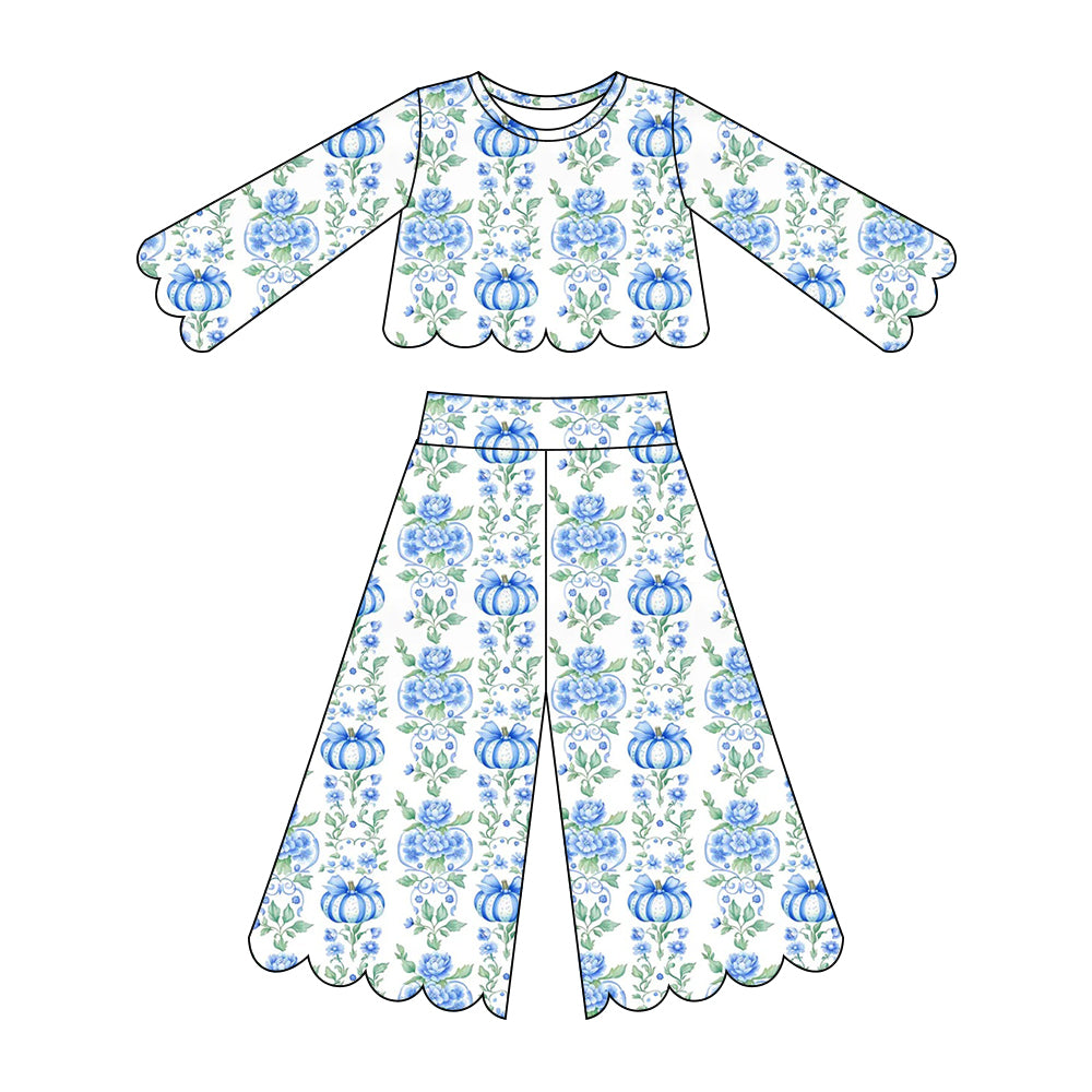 Baby Girls Blue Flowers Pumpkins Top Flare Pants Scallop Fall Clothes Sets Preorder