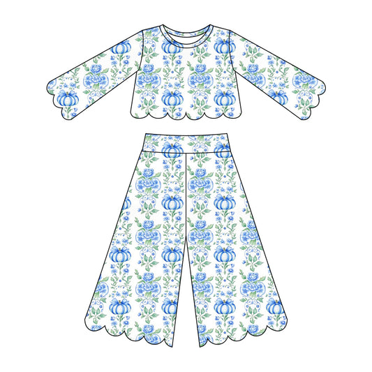 Baby Girls Blue Flowers Pumpkins Top Flare Pants Scallop Fall Clothes Sets Preorder