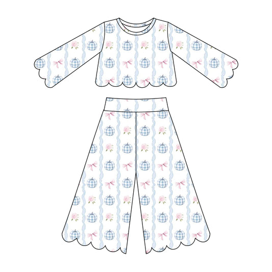 Baby Girls Bows Pumpkins Stripe Top Flare Pants Scallop Fall Clothes Sets Preorder
