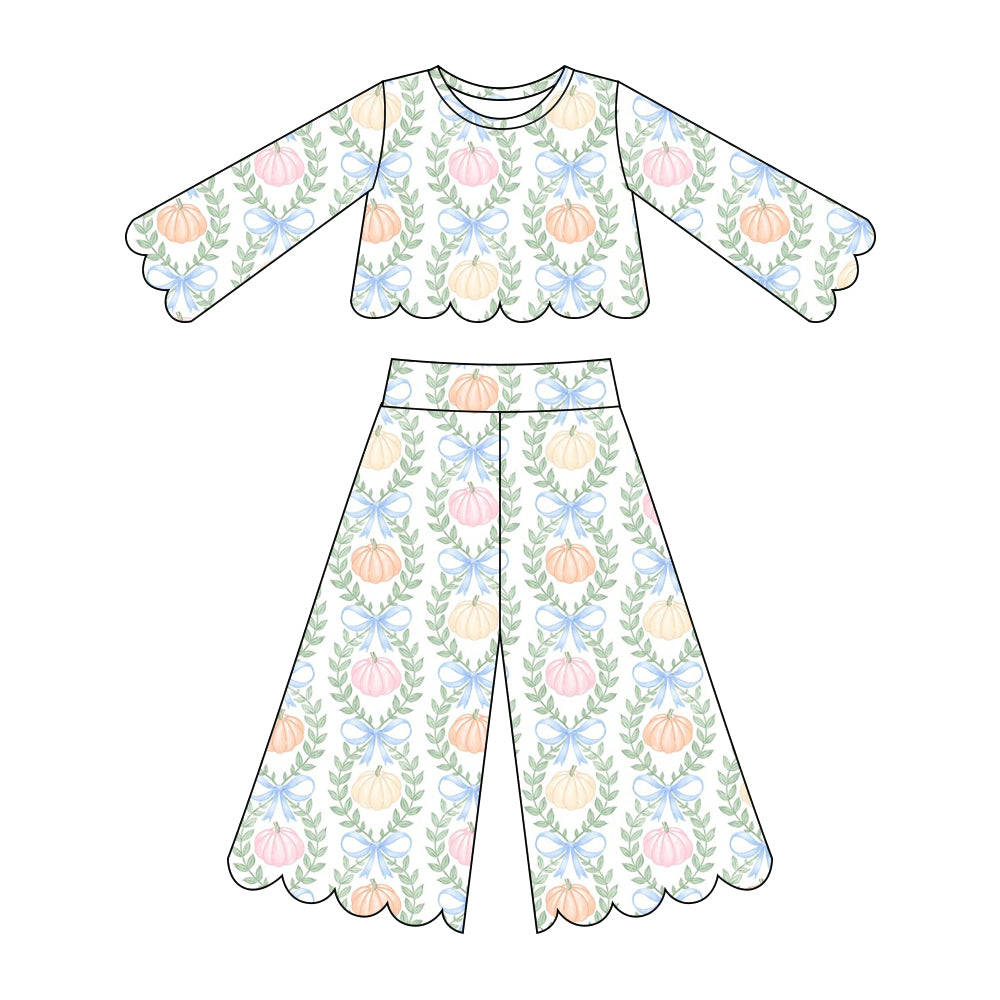 Baby Girls Colorful Pumpkins Checked Top Flare Pants Scallop Fall Clothes Sets Preorder