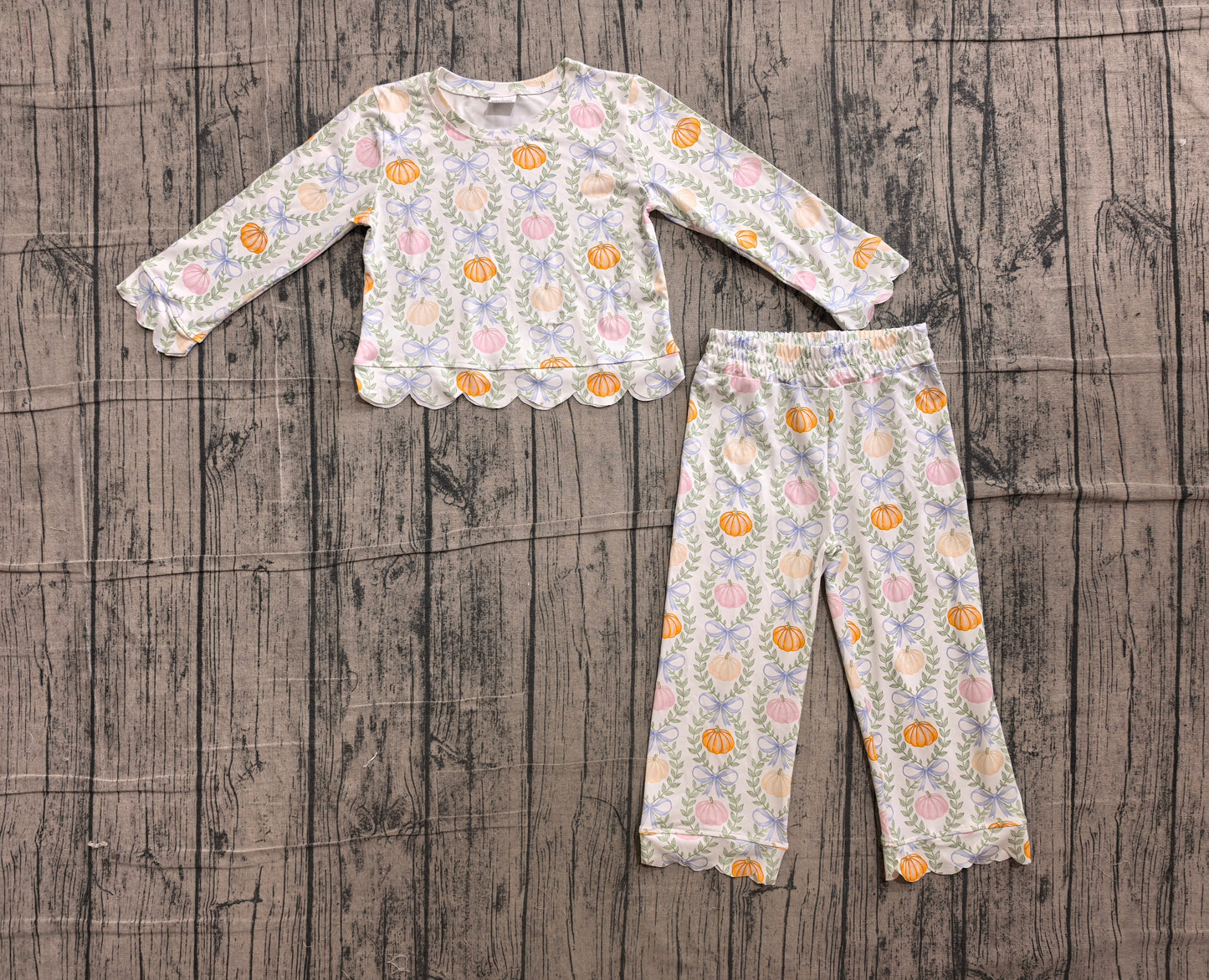 Baby Girls Colorful Pumpkins Checked Top Flare Pants Scallop Fall Clothes Sets Preorder
