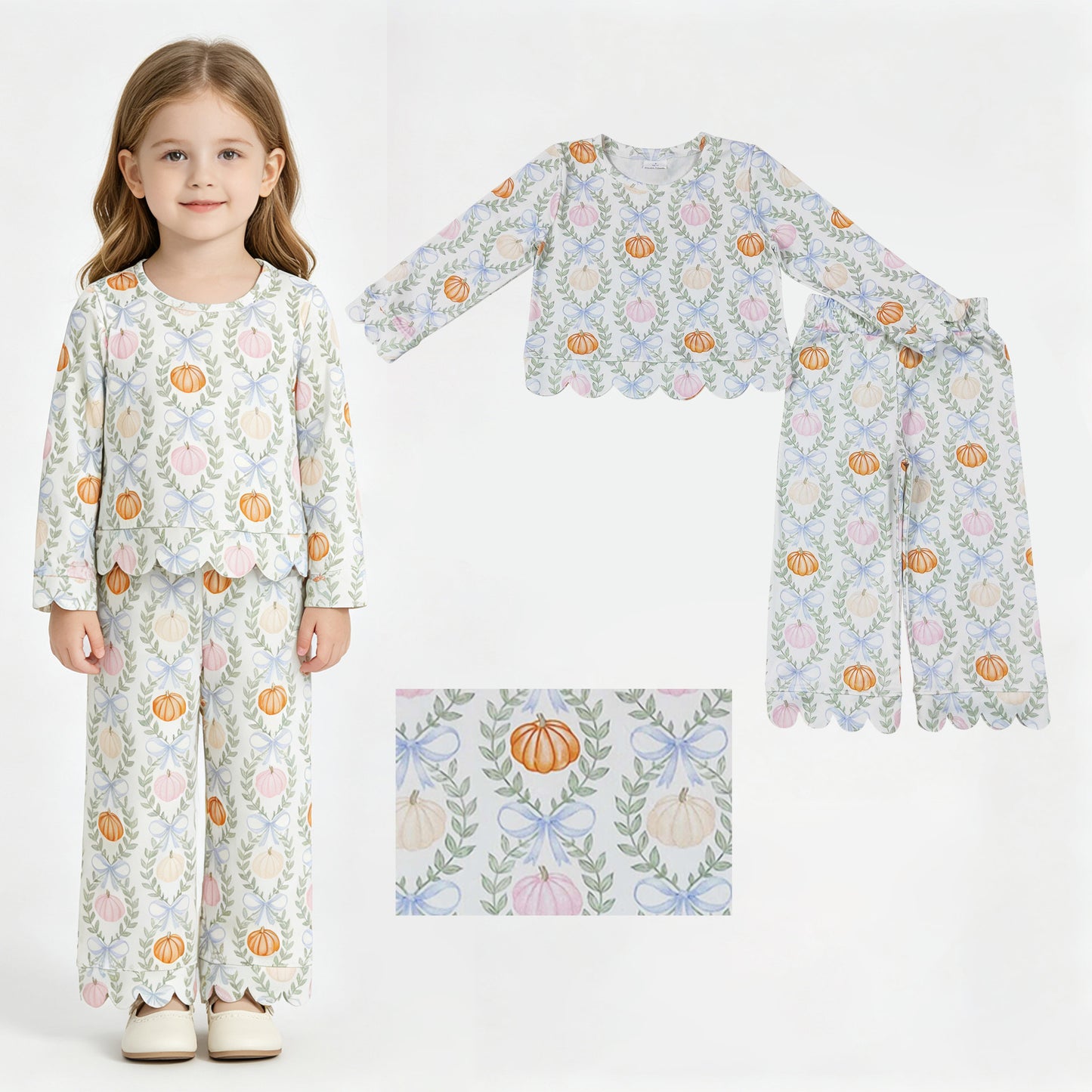 Baby Girls Flowers Pumpkins Checked Top Flare Pants Fall Scallop Clothes Sets