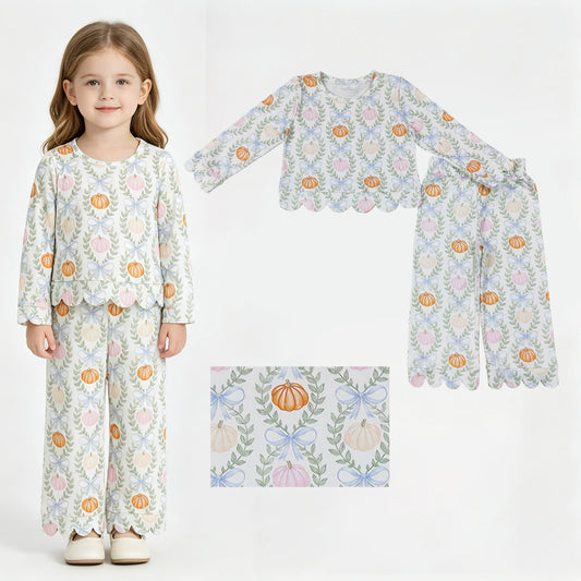 Baby Girls Flowers Pumpkins Checked Top Flare Pants Fall Scallop Clothes Sets