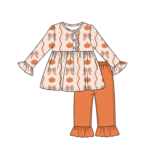 Baby Girls Pumpkins Bows Button Tunic Ruffle Pants Fall Clothes Sets Preorder