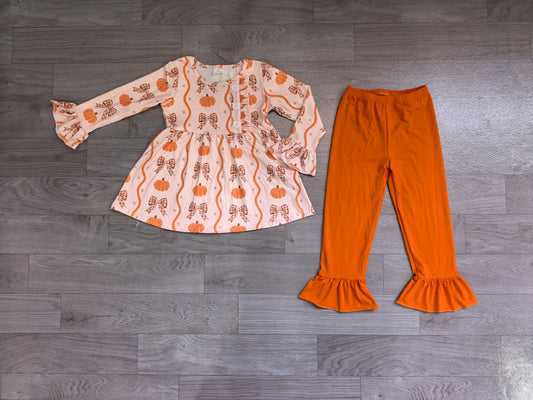 Baby Girls Pumpkins Bows Button Tunic Ruffle Pants Fall Clothes Sets