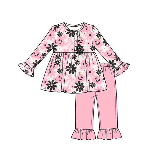 Baby Girls Ghost Pumpkins Bows Button Tunic Ruffle Pants Halloween Clothes Sets Preorder