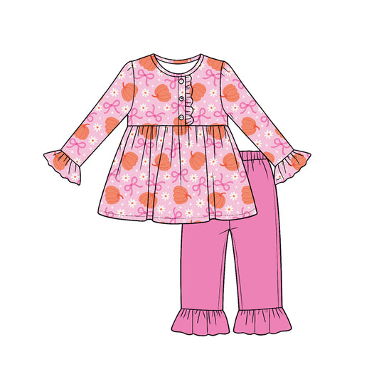 Baby Girls Pumpkins Bows Flowers Button Tunic Ruffle Pants Fall Clothes Sets Preorder