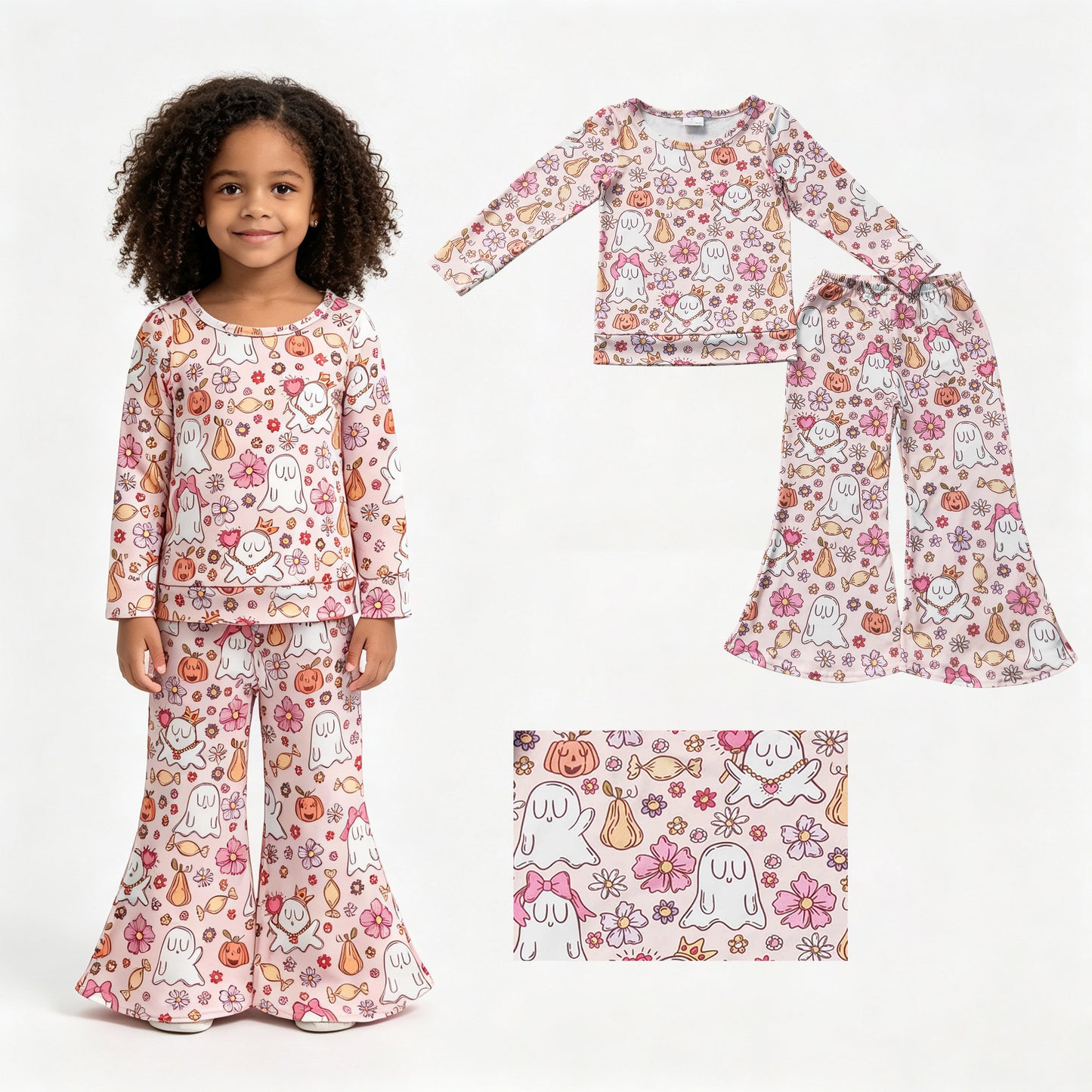 Baby Girls Flowers Ghosts Shirt Top Flare Pant Halloween Clothes Sets