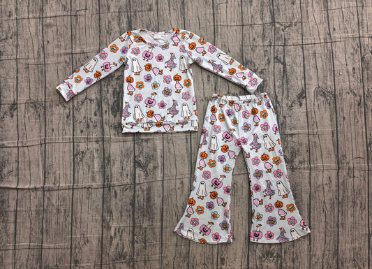 Baby Girls Flowers Ghosts Shirt Top Flare Pant Halloween Clothes Sets Preorder
