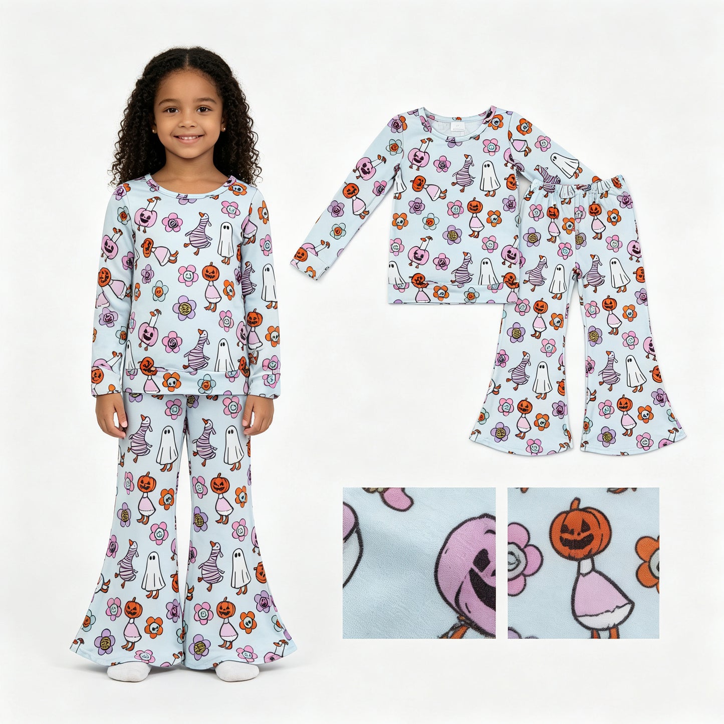 Baby Girls Flowers Ghosts Top Flare Pant Halloween Clothes Sets