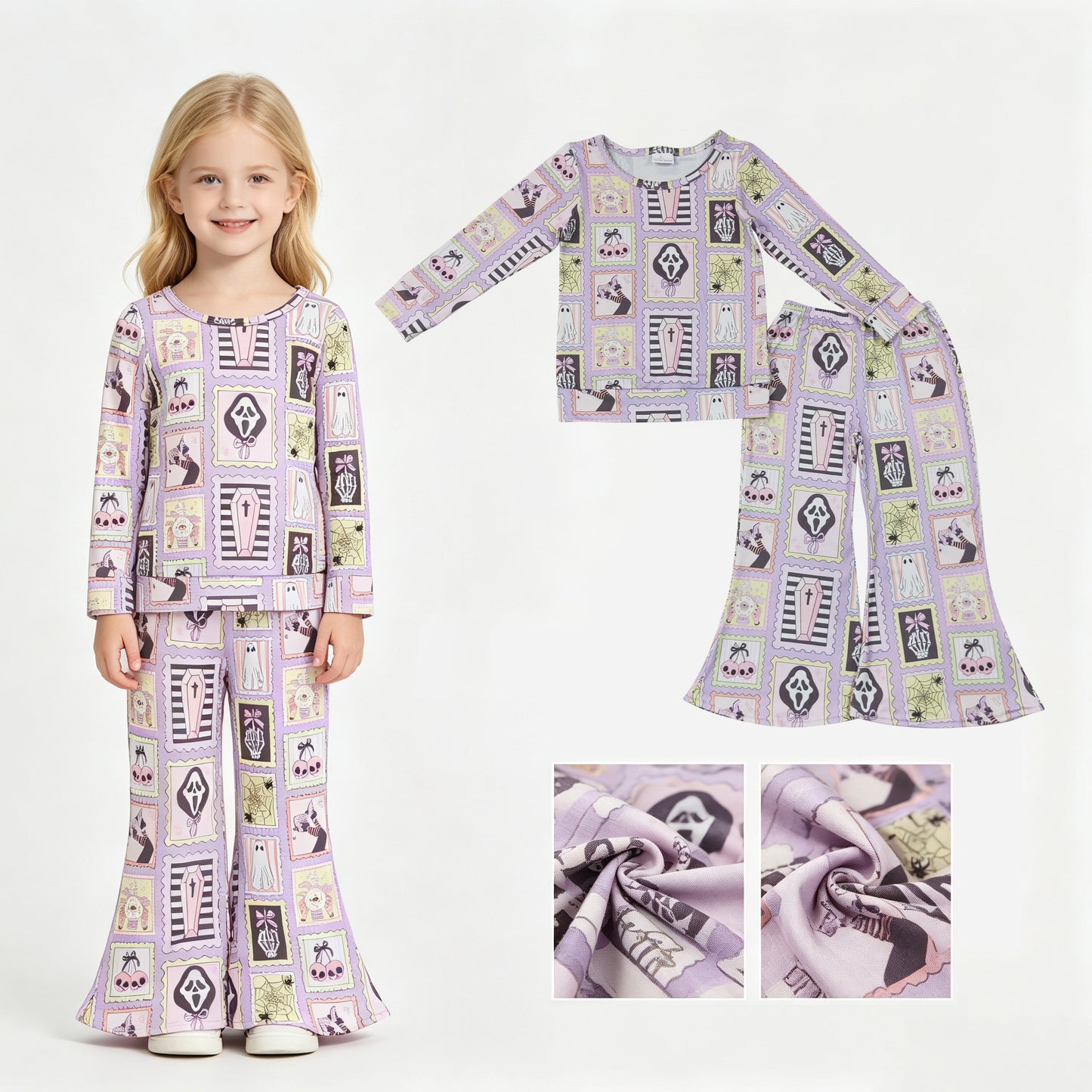 Baby Girls Spider Ghosts Checked Shirt Flare Pant Halloween Clothes Sets