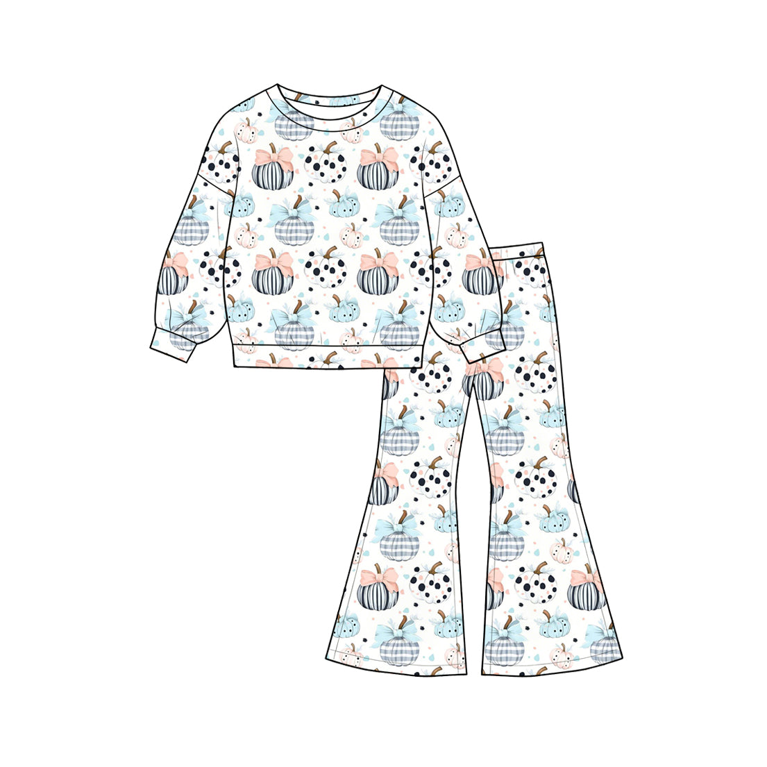 Baby Girls Bows Pumpkins Shirt Top Flare Pant Fall Clothes Sets Preorder