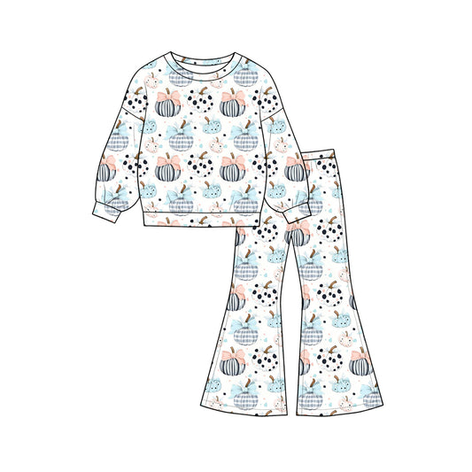 Baby Girls Bows Pumpkins Shirt Top Flare Pant Fall Clothes Sets Preorder