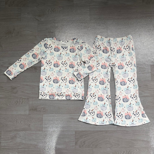Baby Girls Bows Pumpkins Shirt Top Flare Pant Fall Clothes Sets Preorder