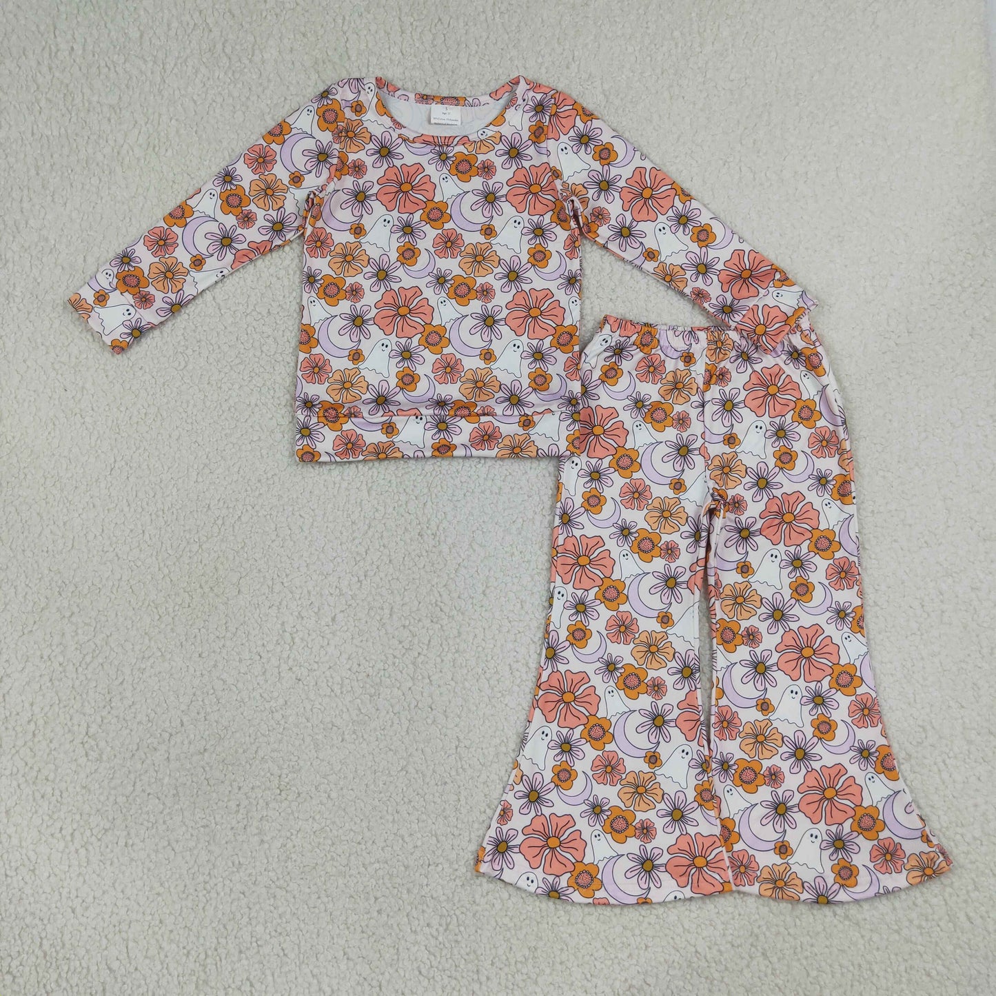 Sibling Baby Girls Ghost Pumpkins Flowers Top Flare Pant Halloween Set