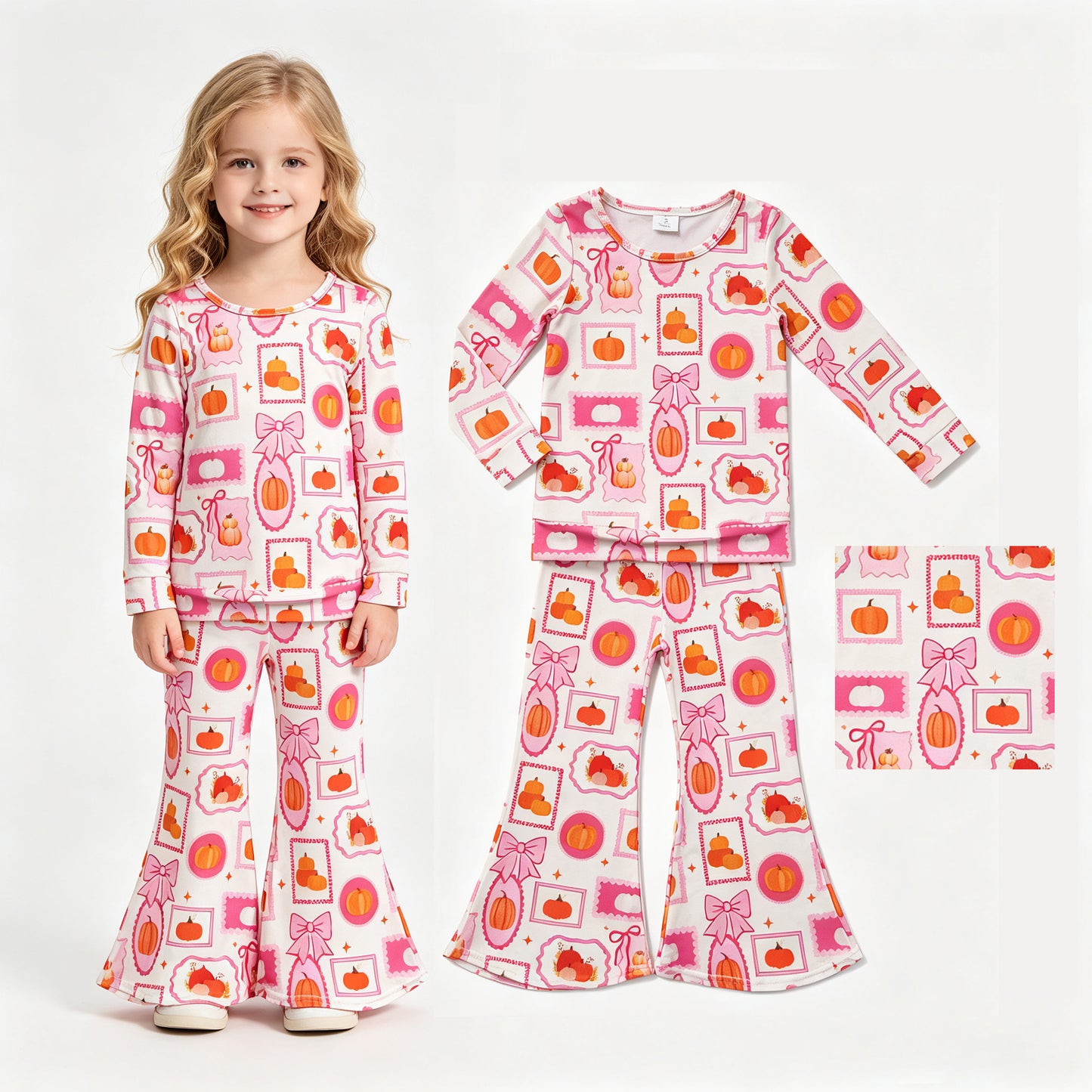 Baby Girls Bows Pumpkins Checked Top Flare Pant Fall Clothes Sets