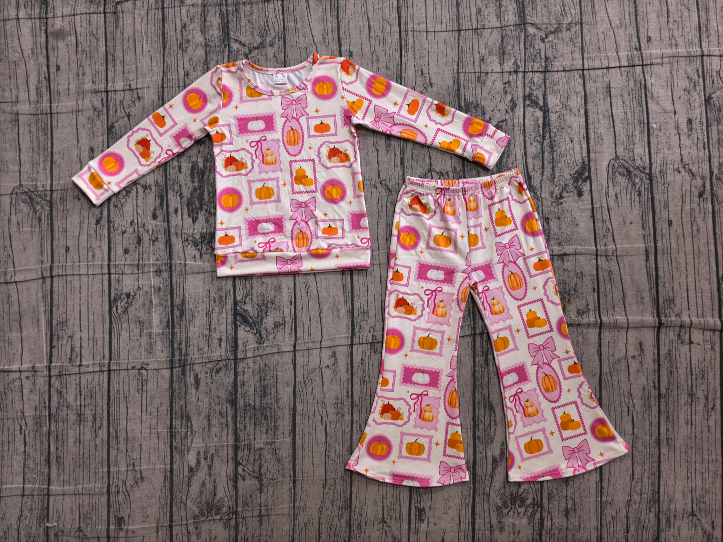 Baby Girls Bows Pumpkins Checked Shirt Top Flare Pant Fall Clothes Sets Preorder