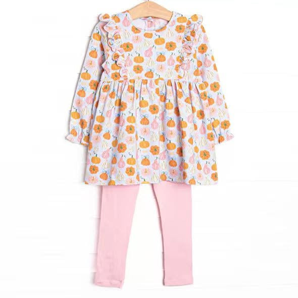 Preorder moq 5 Baby Girls Pumpkins Plaid Tunic Legging Pant Fall Clothes Sets