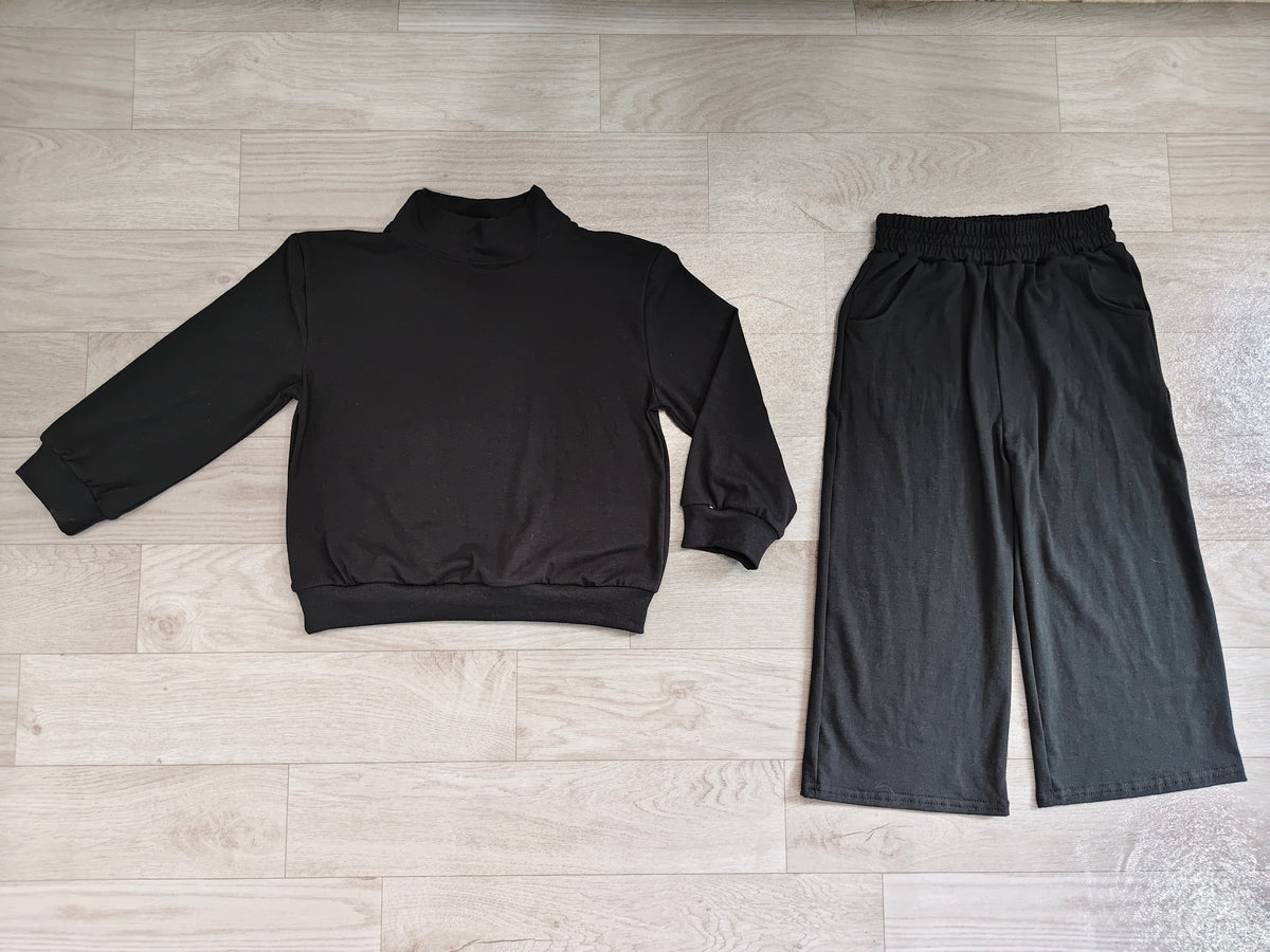 Preorder moq 5 Baby Girls Black Top Pockets Flare Pant Fall Pajamas Clothes Sets