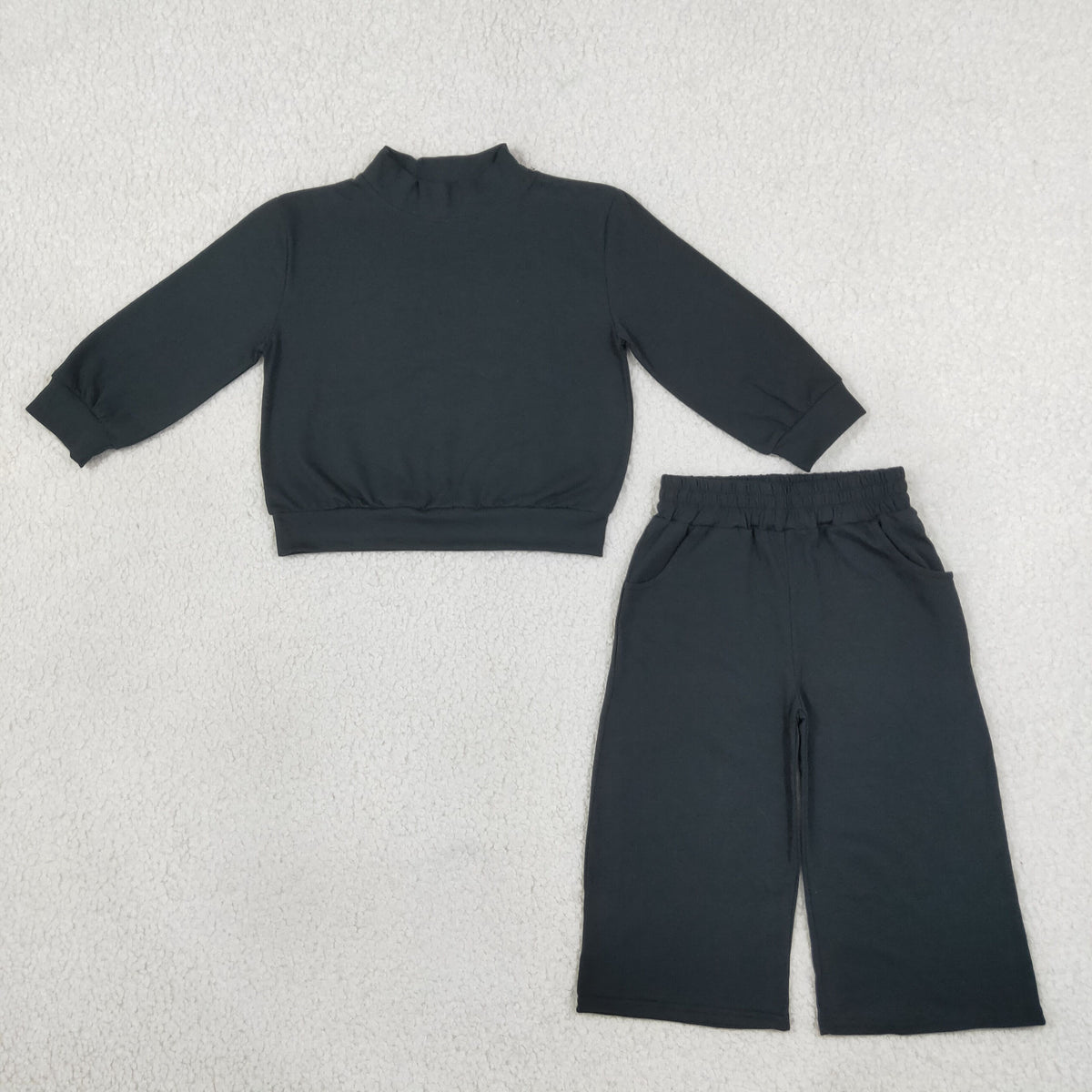 Mama and Me Girls Black Long Sleeves Choker Shirts Pockets Flare Pant Clothes Sets