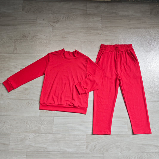 Preorder moq 5 Baby Girls Red Top Pockets Flare Pant Fall Pajamas Clothes Sets