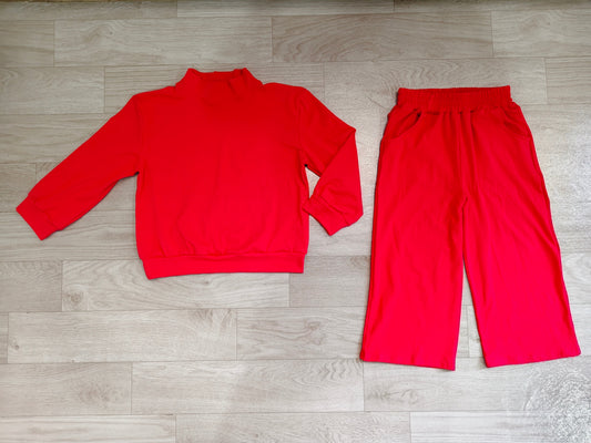 Preorder moq 5 Baby Girls Red Top Pockets Flare Pant Fall Pajamas Clothes Sets