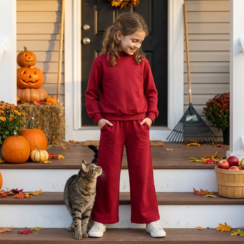 Baby Girls Maroon Choker Top Pockets Flare Pant Fall Pajamas Clothes Sets