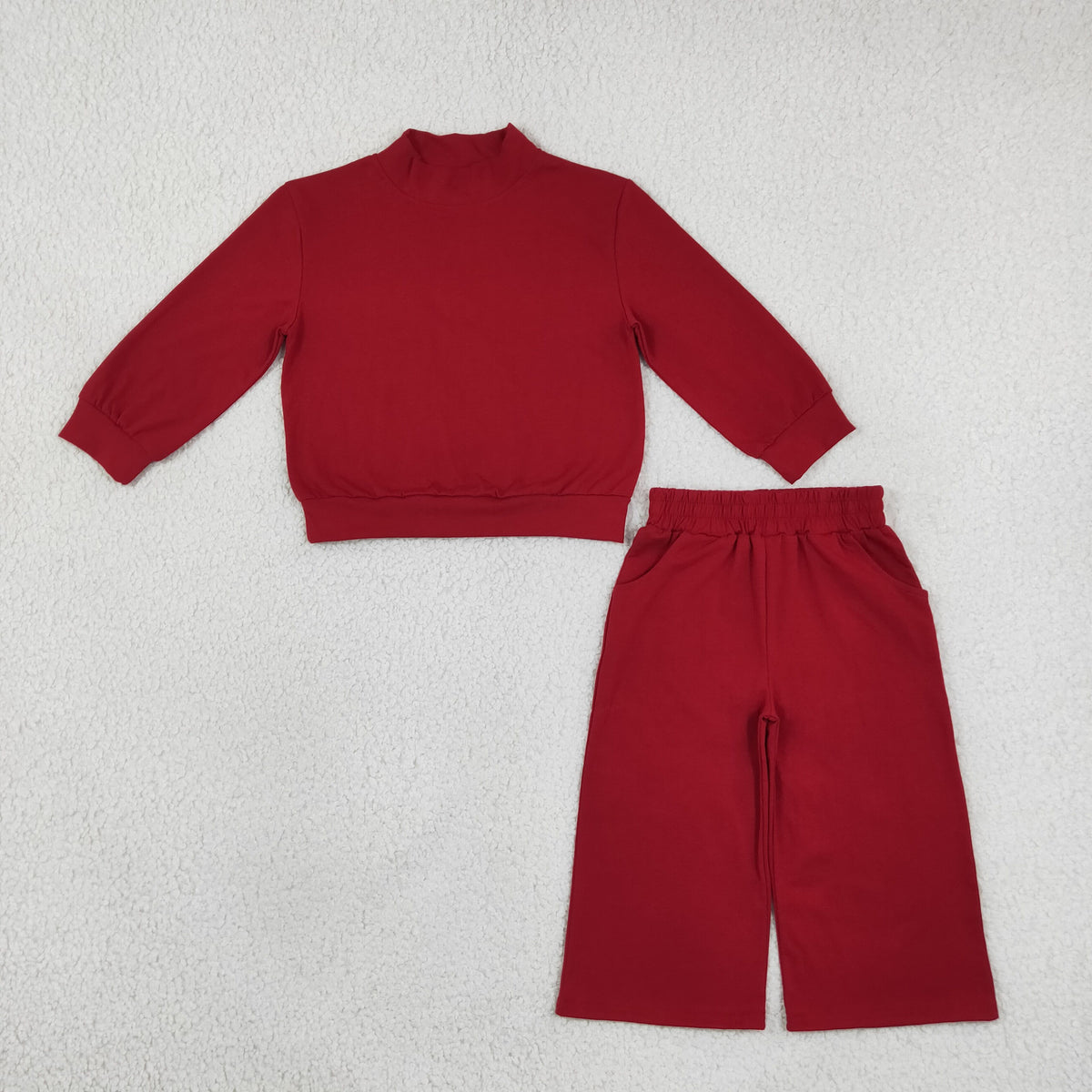 Mama and Me Girls Maroon Long Sleeves Choker Shirts Pockets Flare Pant Clothes Sets