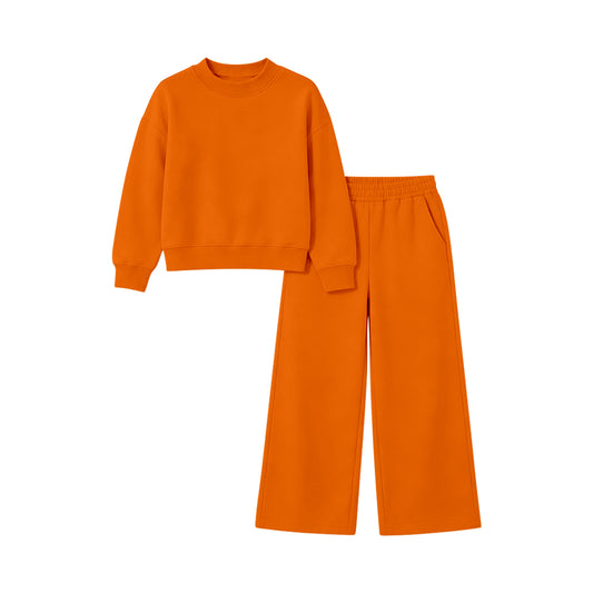 Preorder moq 5 Baby Girls Orange Top Pockets Flare Pant Fall Pajamas Clothes Sets