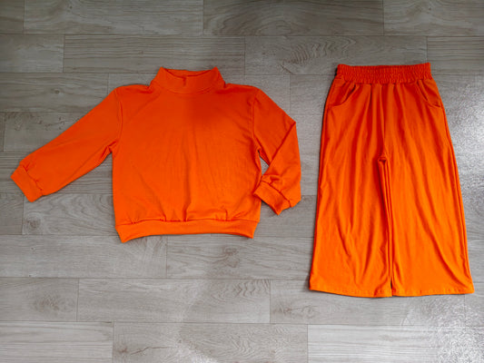 Preorder moq 5 Baby Girls Orange Top Pockets Flare Pant Fall Pajamas Clothes Sets