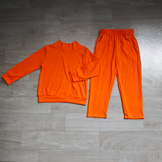 Preorder moq 5 Baby Girls Orange Top Pockets Flare Pant Fall Pajamas Clothes Sets